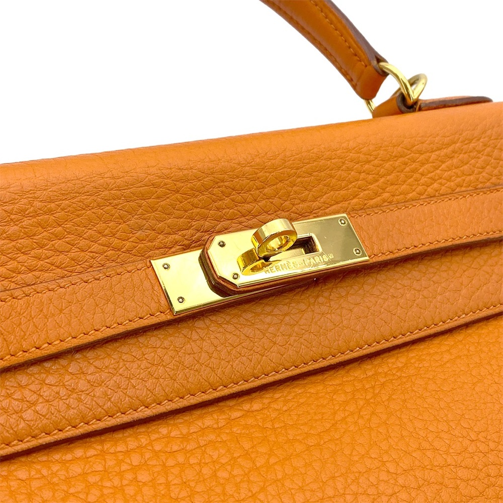 Authentic KELLY 32 Sellier Orange taurillon clemence satchel with strap - Picture 5 of 10